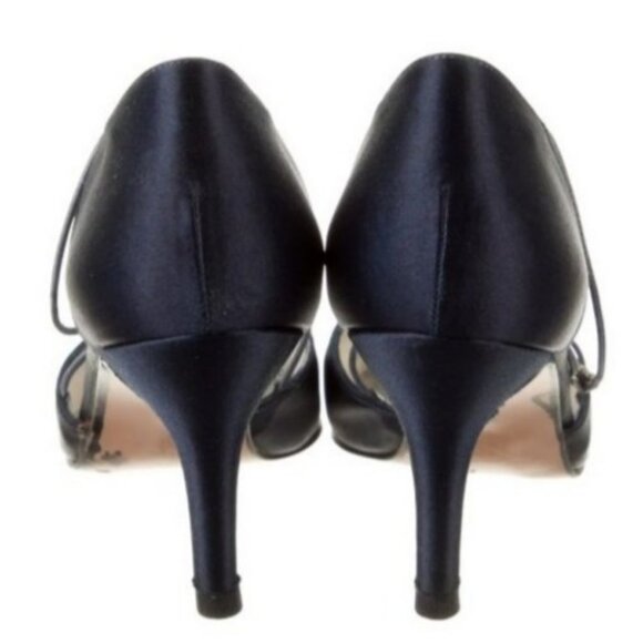 VTG 90s STUART WEITZMAN 7.5 Crystal Embellished Satin D'Orsay Black Satin Pumps - Picture 4 of 6